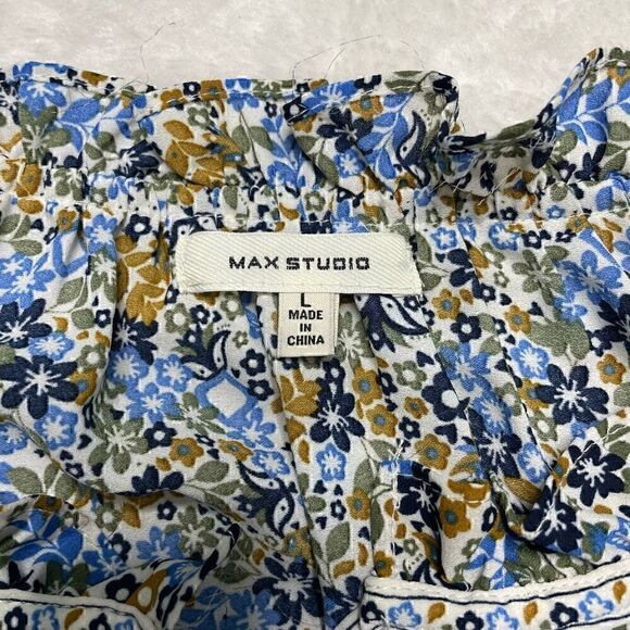 Max Studio Shirt Women Size Large Blue Floral Ruffle Spring Lightweight - Picture 4 of 8